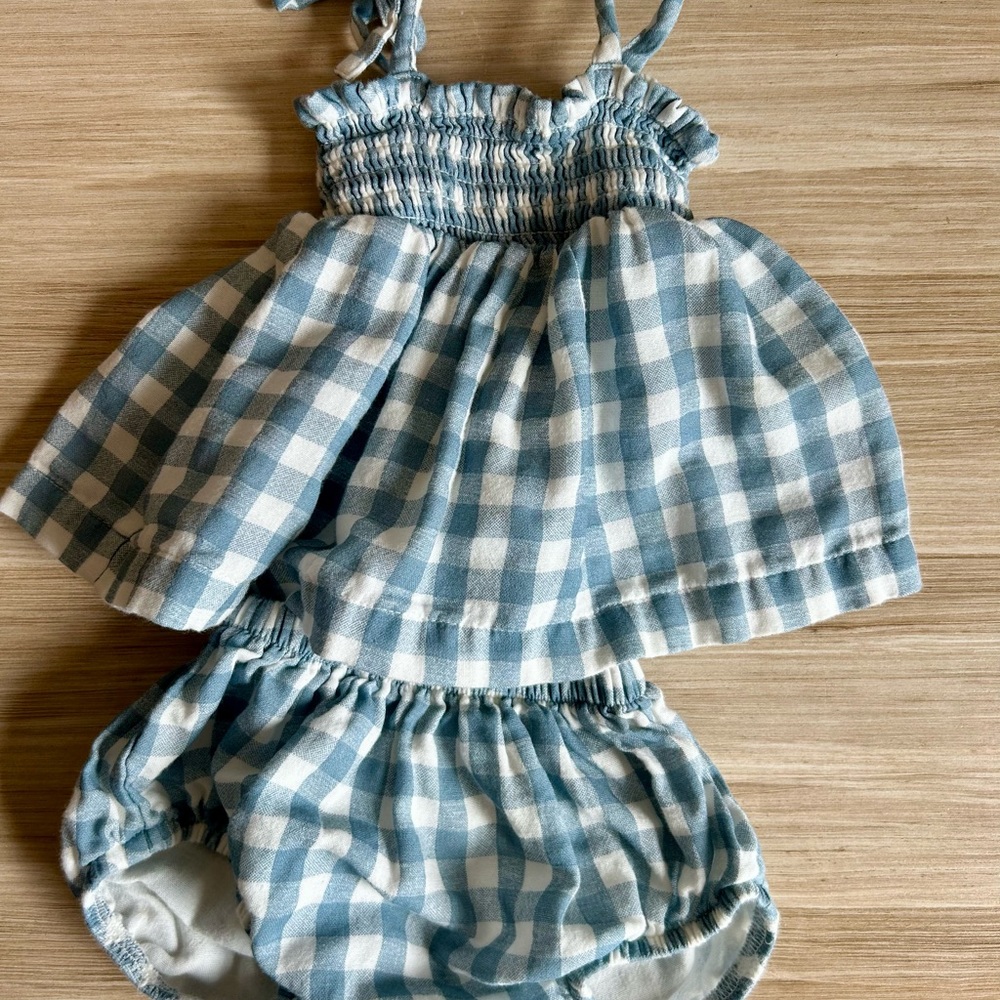 Baby Girl Siix Organic Blue Gingham Smocked Set